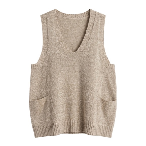 Sweaters - Tan Heathered Knit Sweater Vest with Pockets - V-Neck Boho